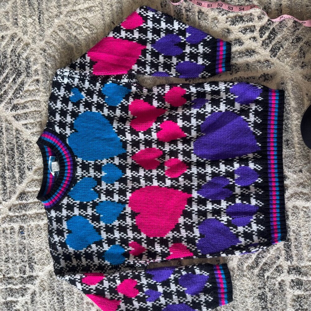 80s Bright Heart Pullover Chunky Knit Sweater Vintage Large - Picture 5 of 12